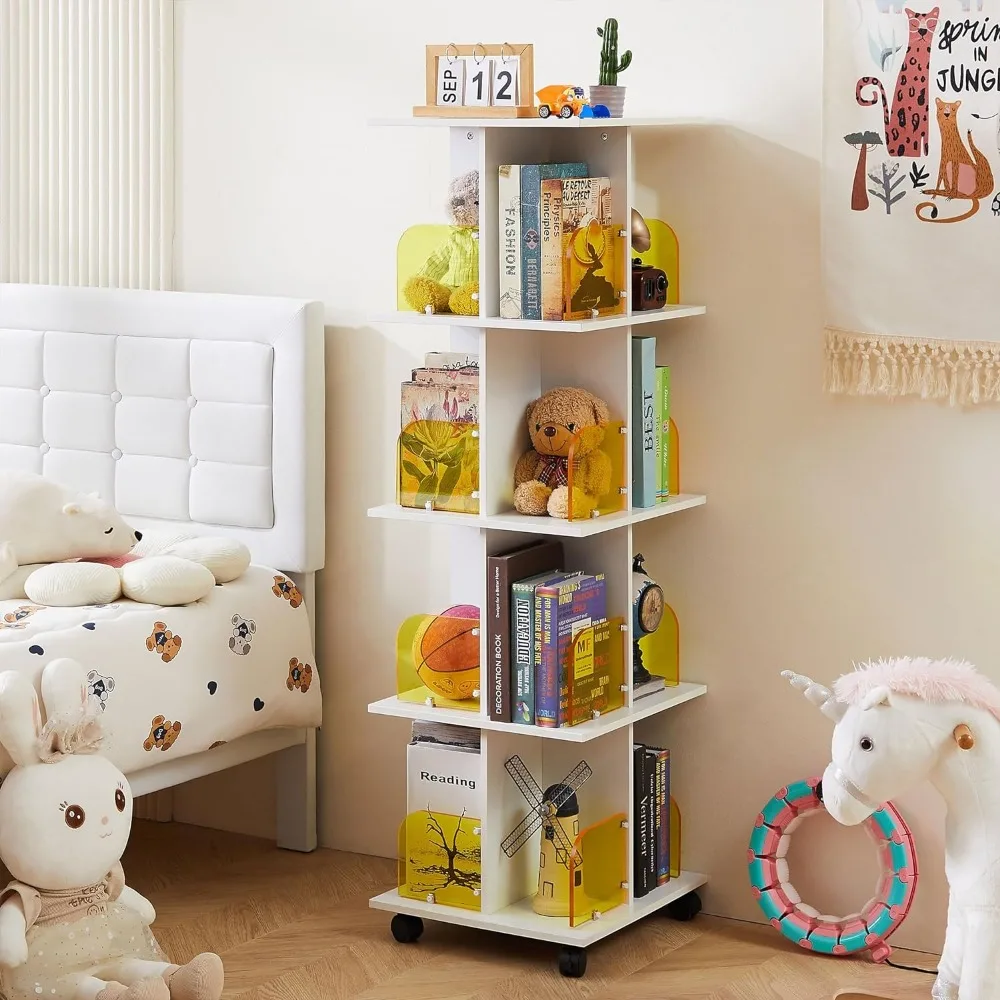 

Rotating Bookshelf with Acrylic Display Window Partition, 4 Tier Small Corner Book Display Storage Bookcases