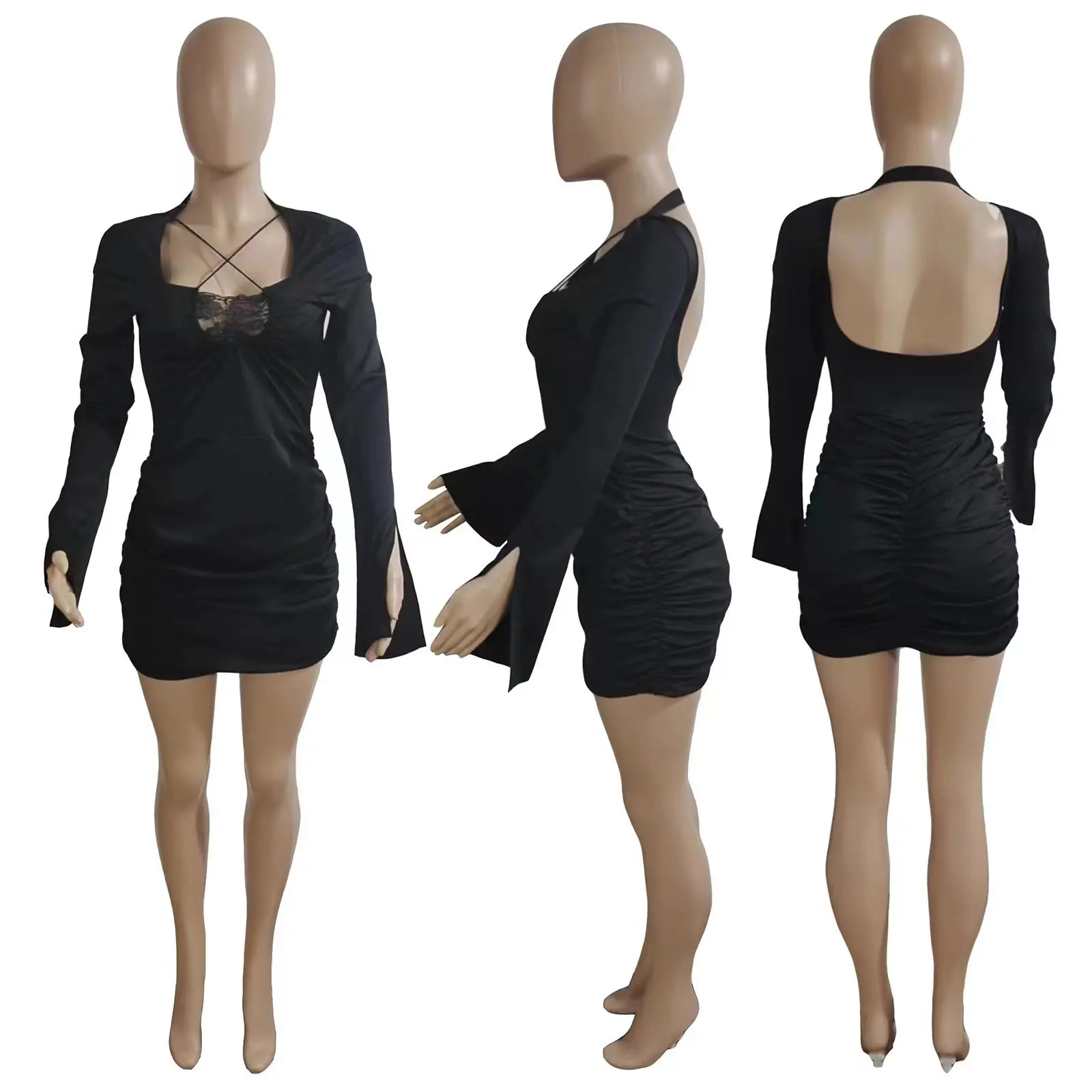 Vestido de noche negro de manga larga para mujer, minivestido elegante de lujo, ceñido al cuerpo, Sexy, de encaje, plisado, falda para Club nocturno, 2022