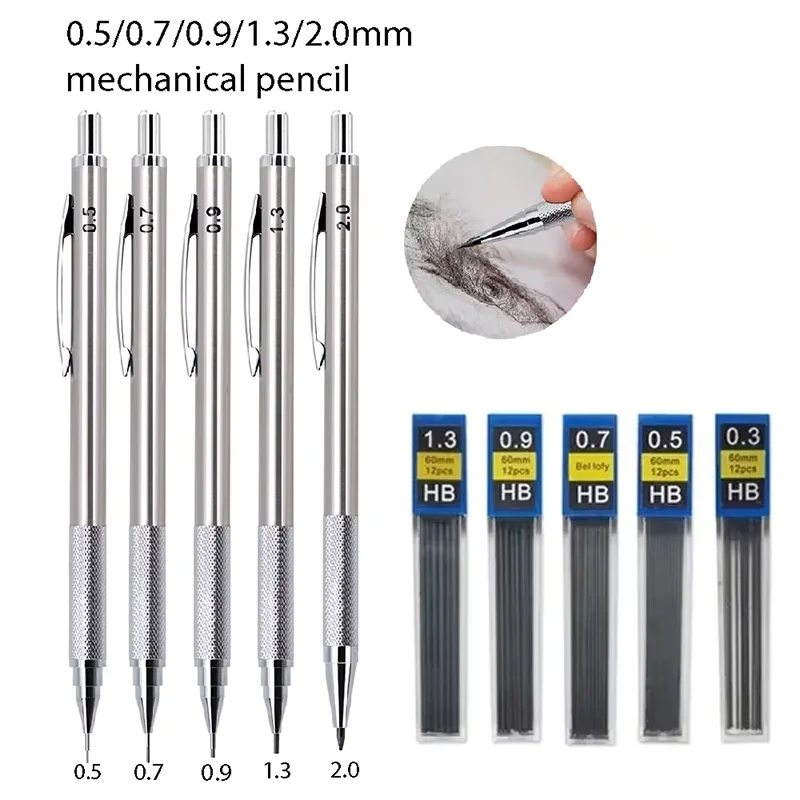 Metal Mechanical Pencil 0.3/0.5/0.7/0.9/1.3/2.0mm Drawing Automatic HB Pencil Set For School Office Writing Painting Stationery