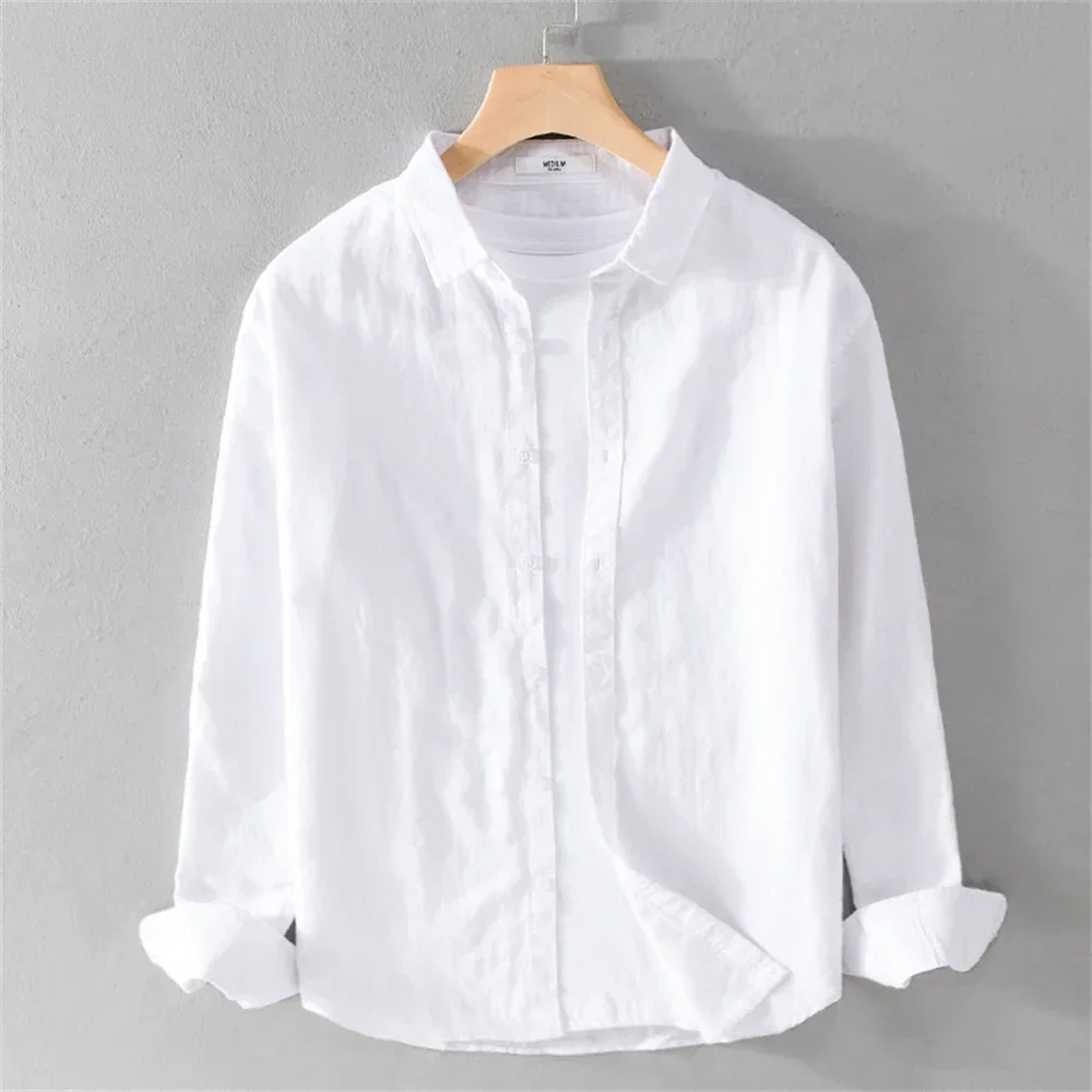 Men's long-sleeved shirt cotton linen Tops Spring Autumn casual youth shirts solid versatile High quality mens clothing 2024