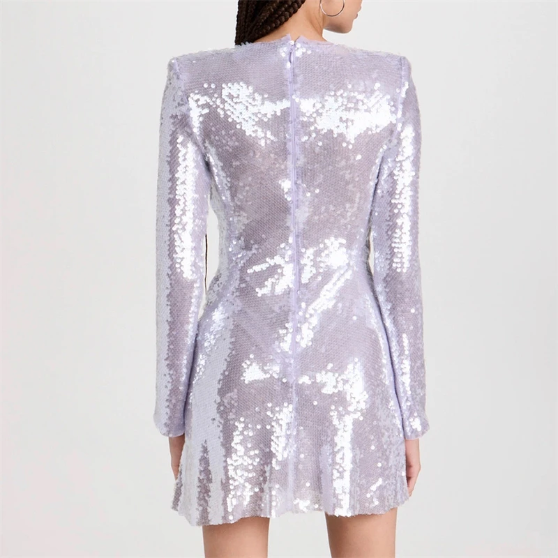 y2k Summer New style women's round neck sequinsDecoration Hollow long sleeve Dress highQuality fashion Stretch casual Mini skirt