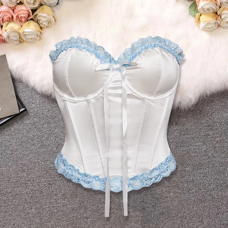 Sexy Women Mesh Corsets Shaper Solid Ruffles Bustier Strapless Steel Ring Fishbone Slim Fit Versatile LadyTop Underbust Corset