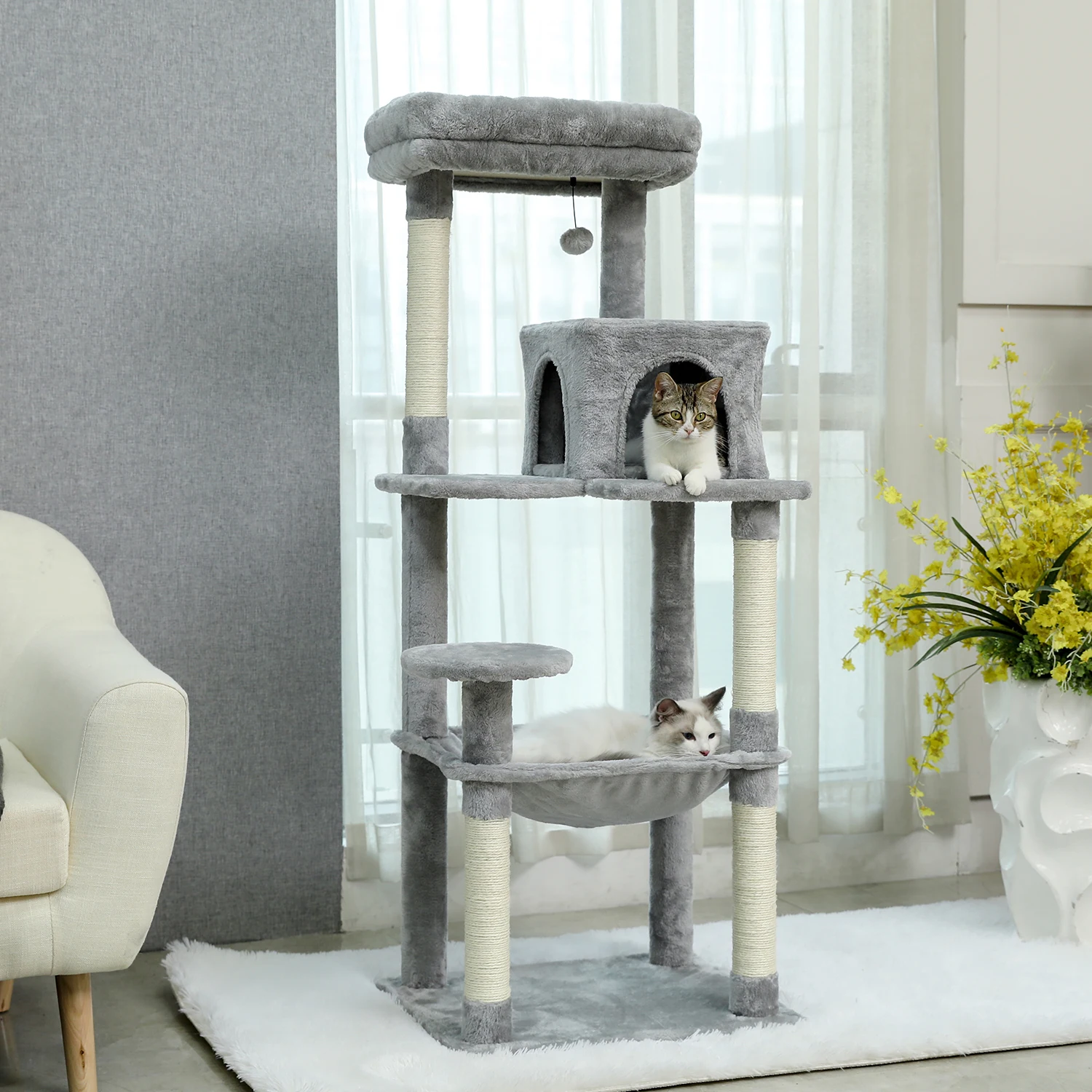 

Luxury Cat Tree Cat Tower with Sisal Scratching Post, Cozy Condo, Top Perch, Hammock and Dangling Ball Beige