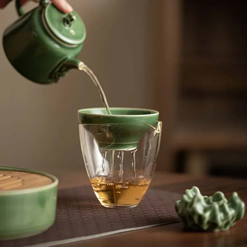Blue Glaze Dried Stone Filter Set Japanese Style Ceramic Tea Funnel Tea Filter Stainless Steel  Strainer Compartment