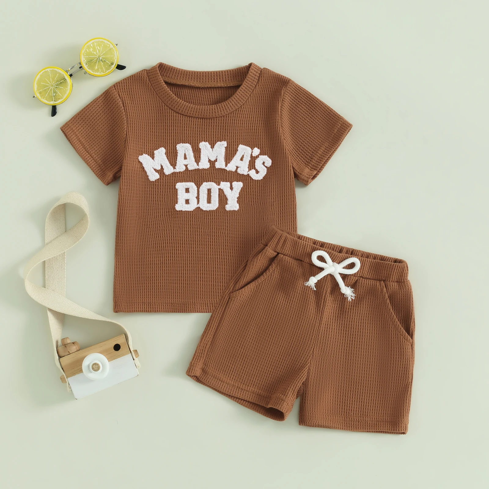 2024-01-20 Lioraitiin Summer Baby Boy Clothes Letter Embroidery Short Sleeve T-Shirt Shorts Set 2Pcs Waffle Knit Outfit