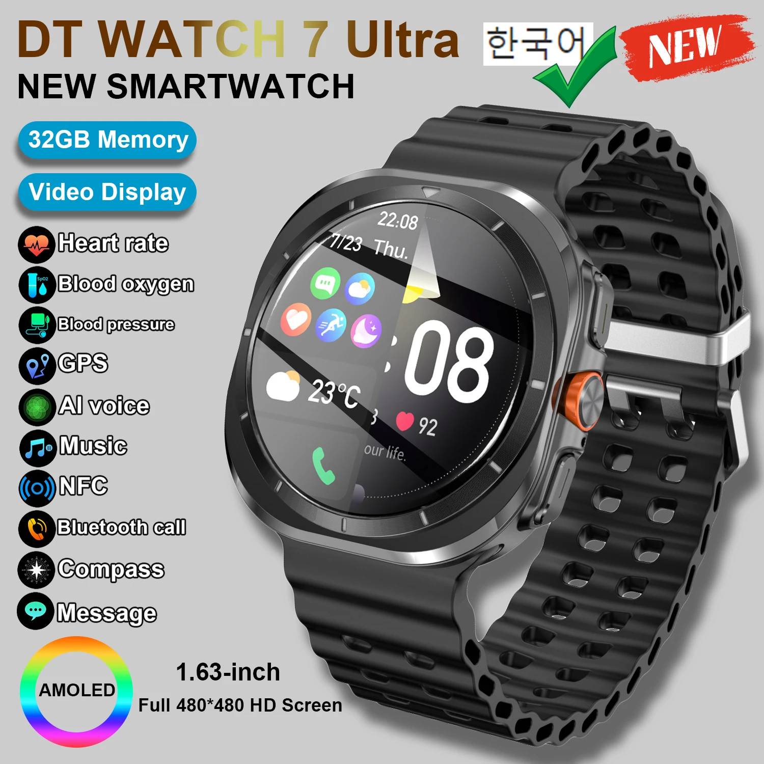 Smartwatch AMOLED Screen DT Ultra Watch 47mm Sport 4GB BT Call Compass Series 7 NFC Watches for Samsung Galaxy Apple Xiaomi 2024