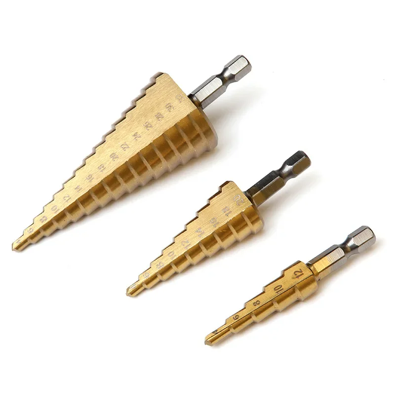 

HSS Titanium Coated Stepped Drill Bit Set For Metal High Speed Steel Drilling 4-12/20/32mm Power Tools Metal Conical Drill Bit