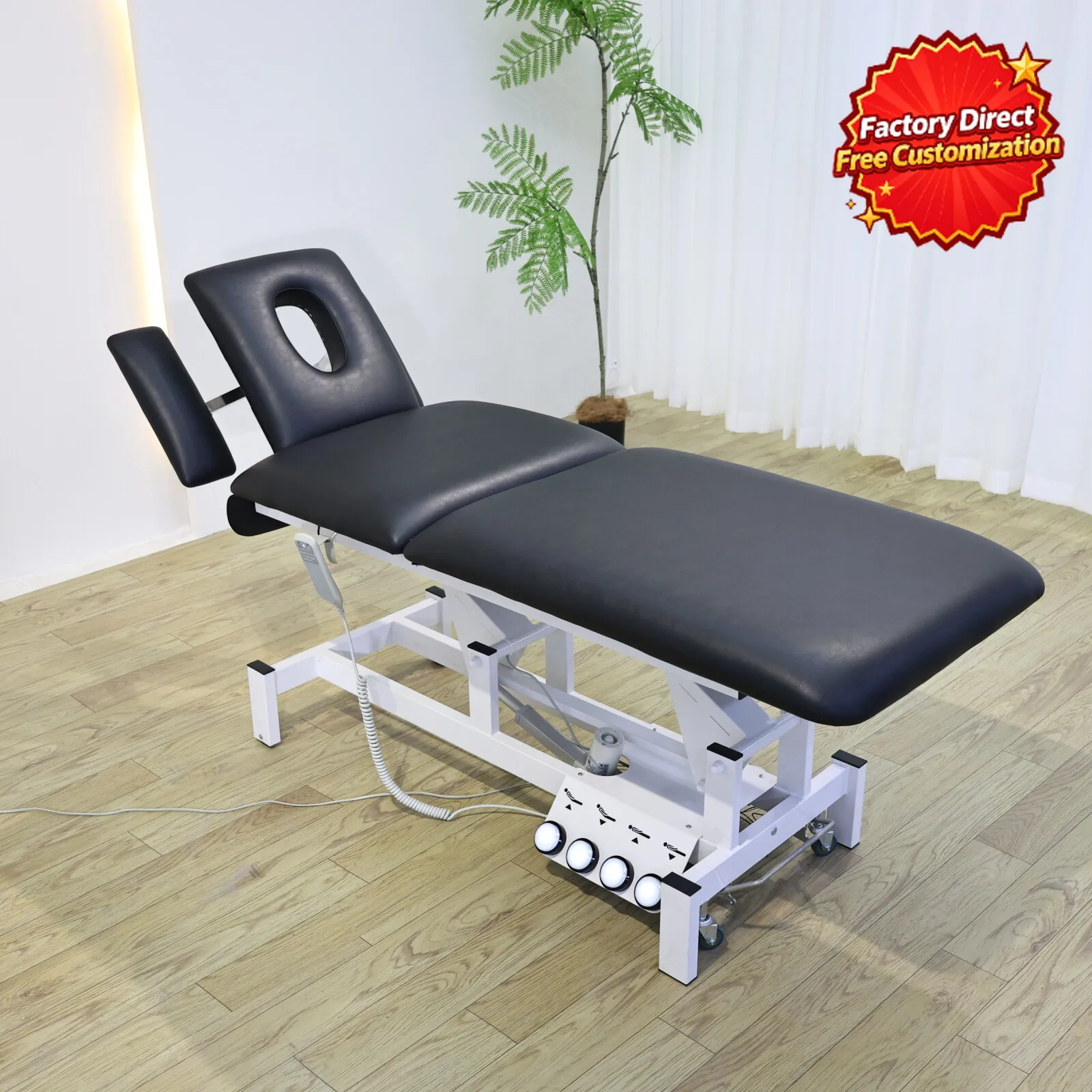 Electric Chiropractic Table Adjustable Massage Bed Physical Therapy Treatment Table with Face Hole Hi-Lo Medical Exam Black
