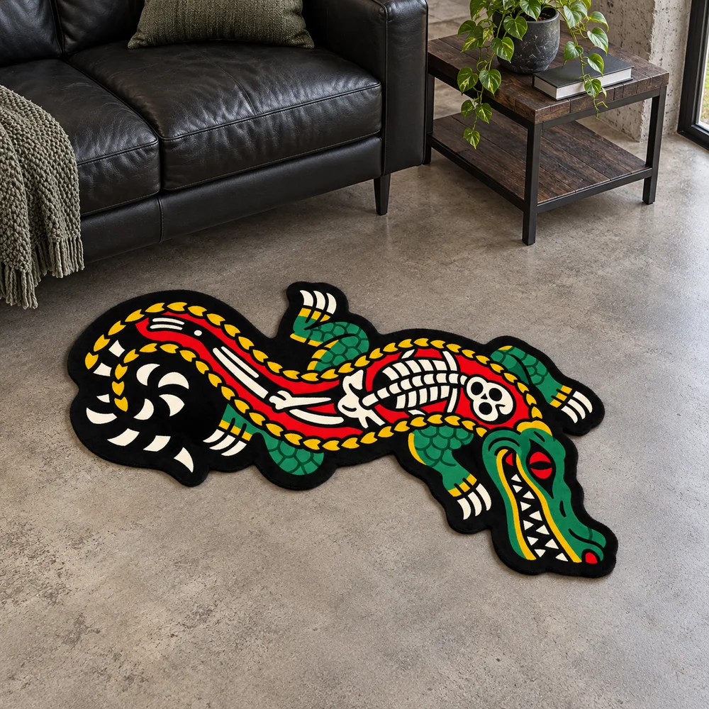 Skeleton Crocodile Irregular Floor Mat Soft Flannel Non Slip Area Rug Gothic Animal Door Mat For Bedroom Game Room Gift