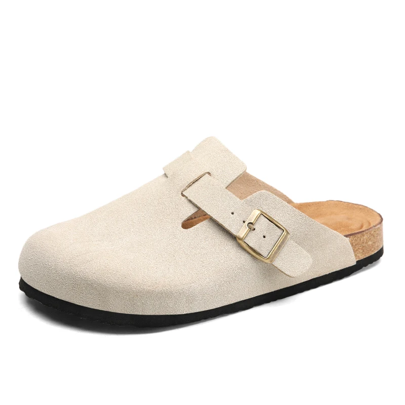 Men Women Clogs Cork Slippers Suede Leather Closed Toe Slip On Sandals Outdoor Beach Slides Indoor Home Shoes Comfort Foot Bed