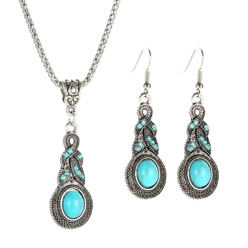 Fast Reach Ethnic Blue Stone Jewelry Set Tibetan Silver Turquoise Pendant Necklace Earrings Jewelry Decor Gift for Sisters