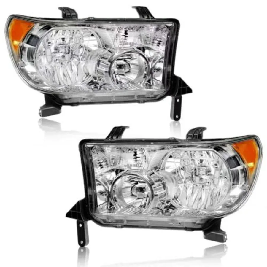 

Headlights Assembly for 2007-2013 Tundra Compatible with 2008-2017 Sequoia 2PC Headlamps Chrome Housing Amber Reflector