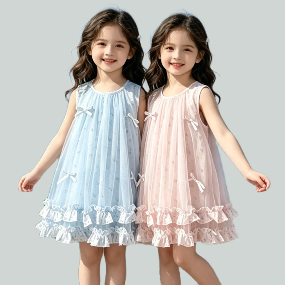 Girls Dresses Mesh Dresses Children's Sleeveless Dresses Girls Princess Dresses Girls' Clothes Floral Bow Dresses 1-10Years