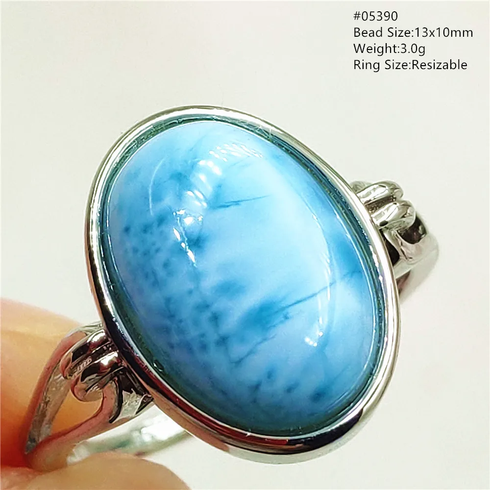 Natural Blue Larimar Oval Adjustable Ring Jewelry Water Pattern Real Larimar For Women Men Healing Fashion Stone AAAAAA