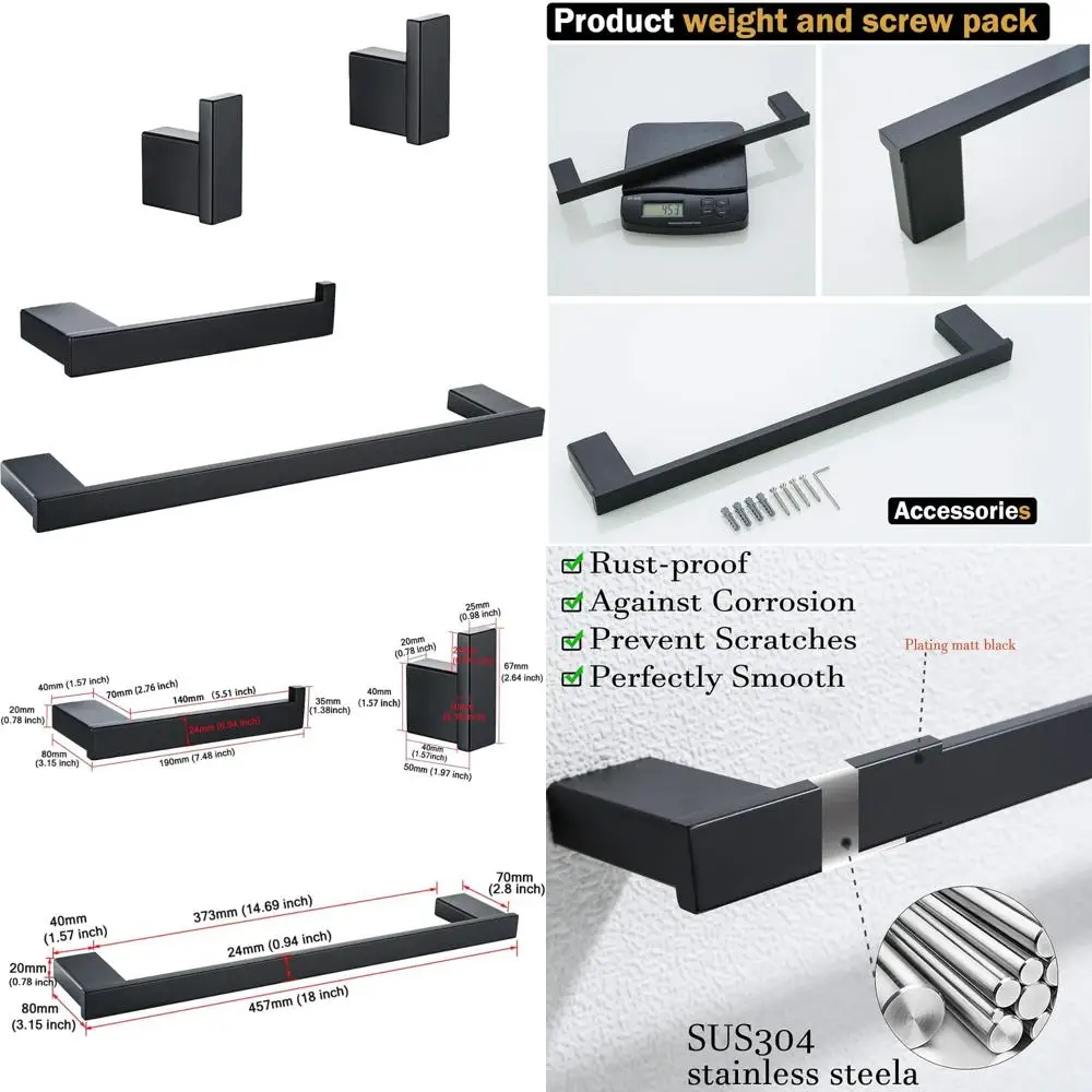 ชุดอุปกรณ์ห้องน้ำสีดำด้านทันสมัย: ราวแขวนผ้าเช็ดตัว 18 นิ้ว, ที่ใส่กระดาษชำระ, ตะขอแขวน 2 อัน เพื่อการตกแต่งที่มีสไตล์