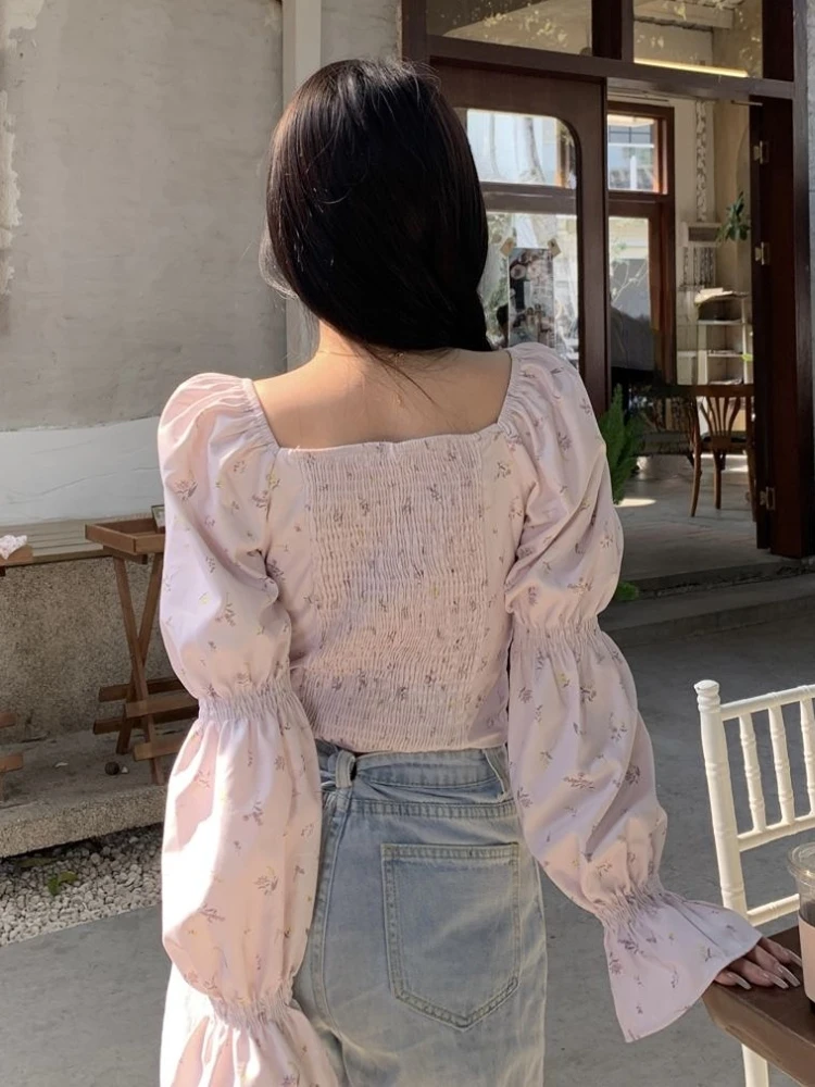 Blouses Women Crop Tops Slim Spring Chic Aesthetic Printed Hotsweet Puff Sleeve New Arrival French Style Vintage Lace-up Popular