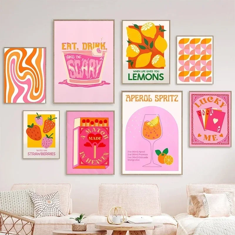 Pink Strawberry Lemon Card Cocktails Drink Canvas Painting Posters and Prints Wall Art Picture for Living Room Decoration