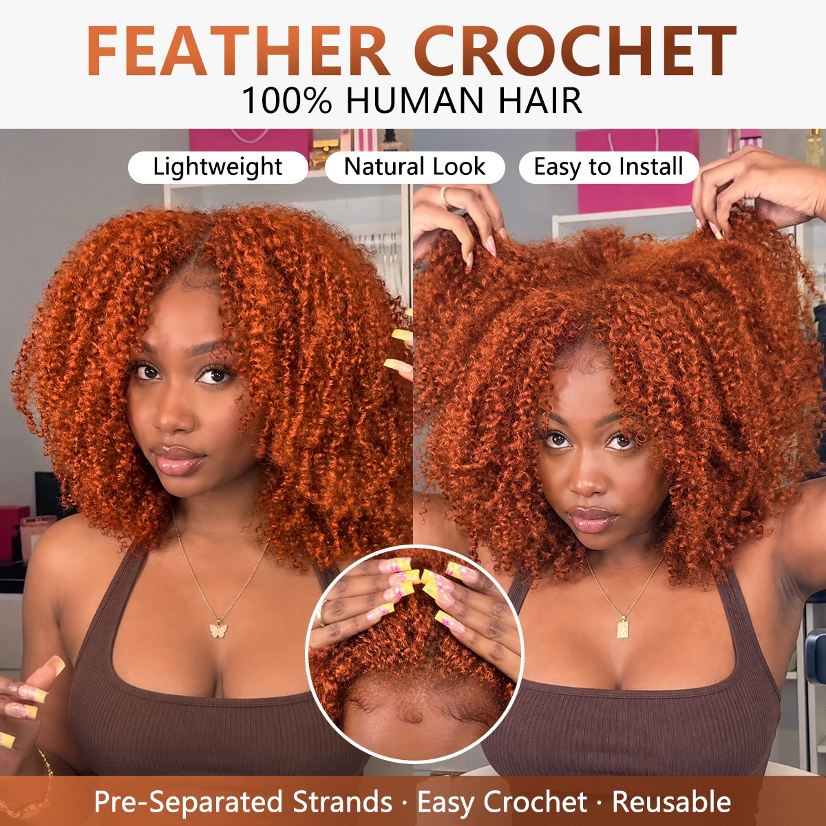 Ginger Copper Afro Curly Crochet Hair Human Hair Extensions Miracle Knots Feather Pre Separated Knotless Braids For Black Women view 3