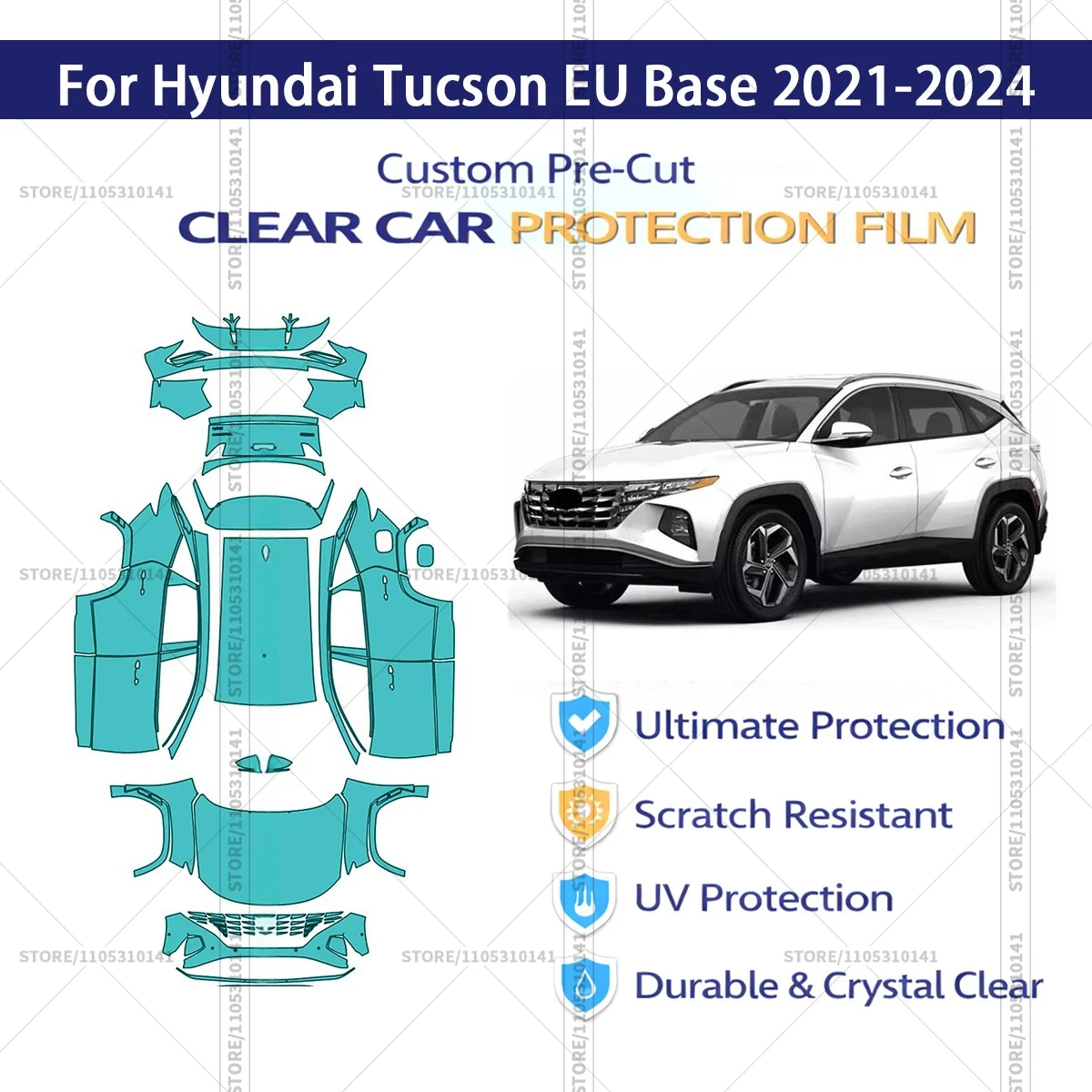 

Защитная пленка PPF для полной оклейки кузова автомобиля Hyundai Tucson (европейская версия, 2021-2024)