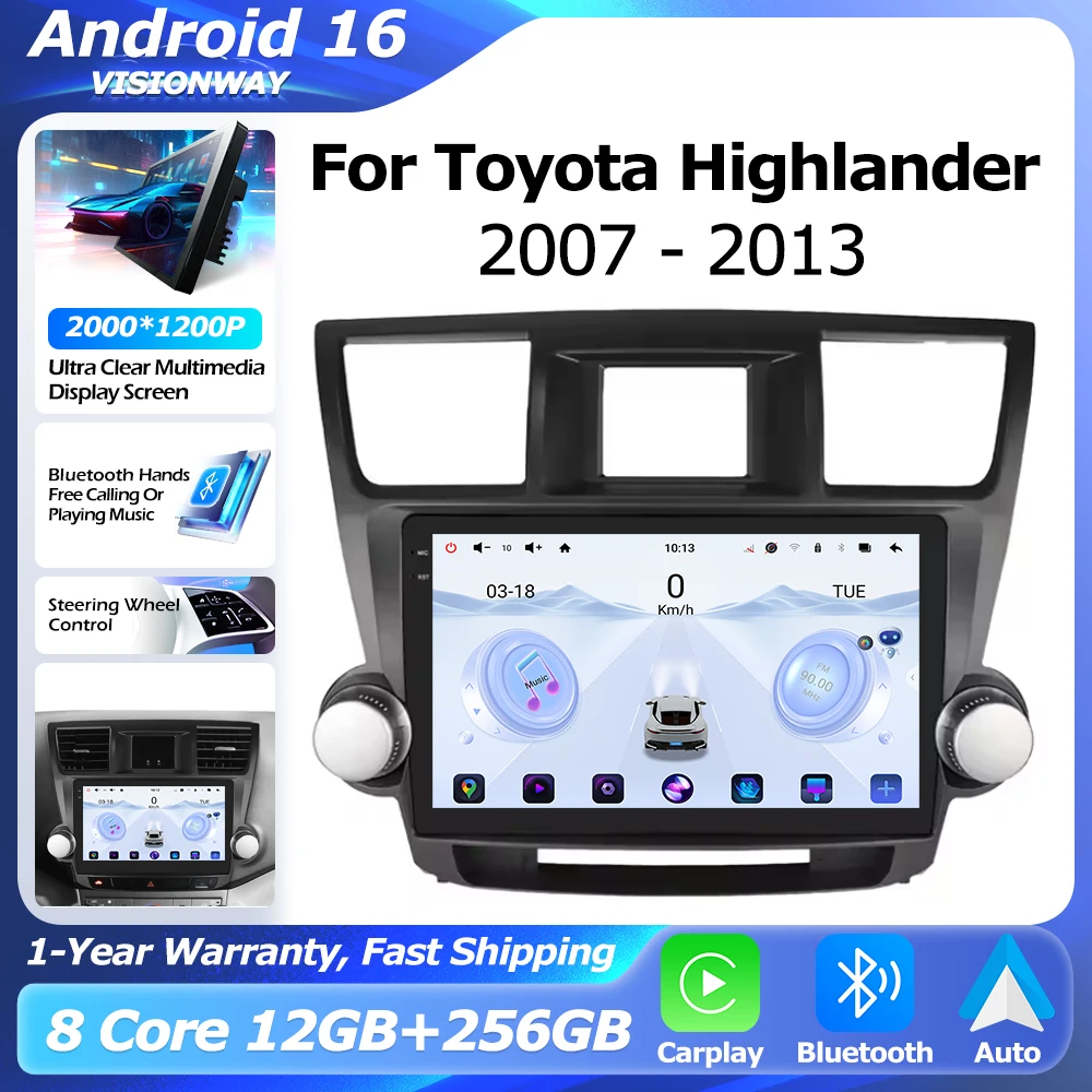 

Android 16 For Toyota Highlander 2 XU40 2007-2013 QLED 2000*1200P 8 Core Multimedia Player Auto Wireless CarPlay WIFI 4G BT