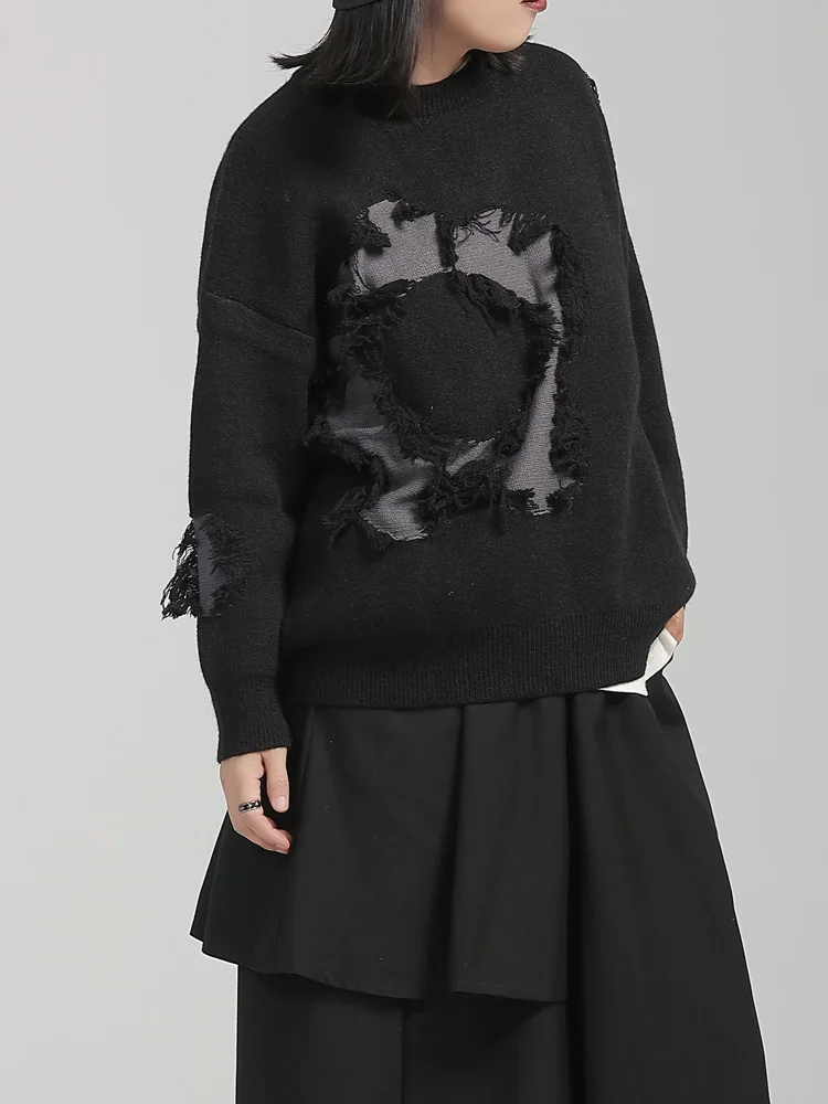 

Thiened round Ne Sweater Women's Street Sle k Design Sense Overhead Knitwear Autumn Winter Hole Decoration Base irt