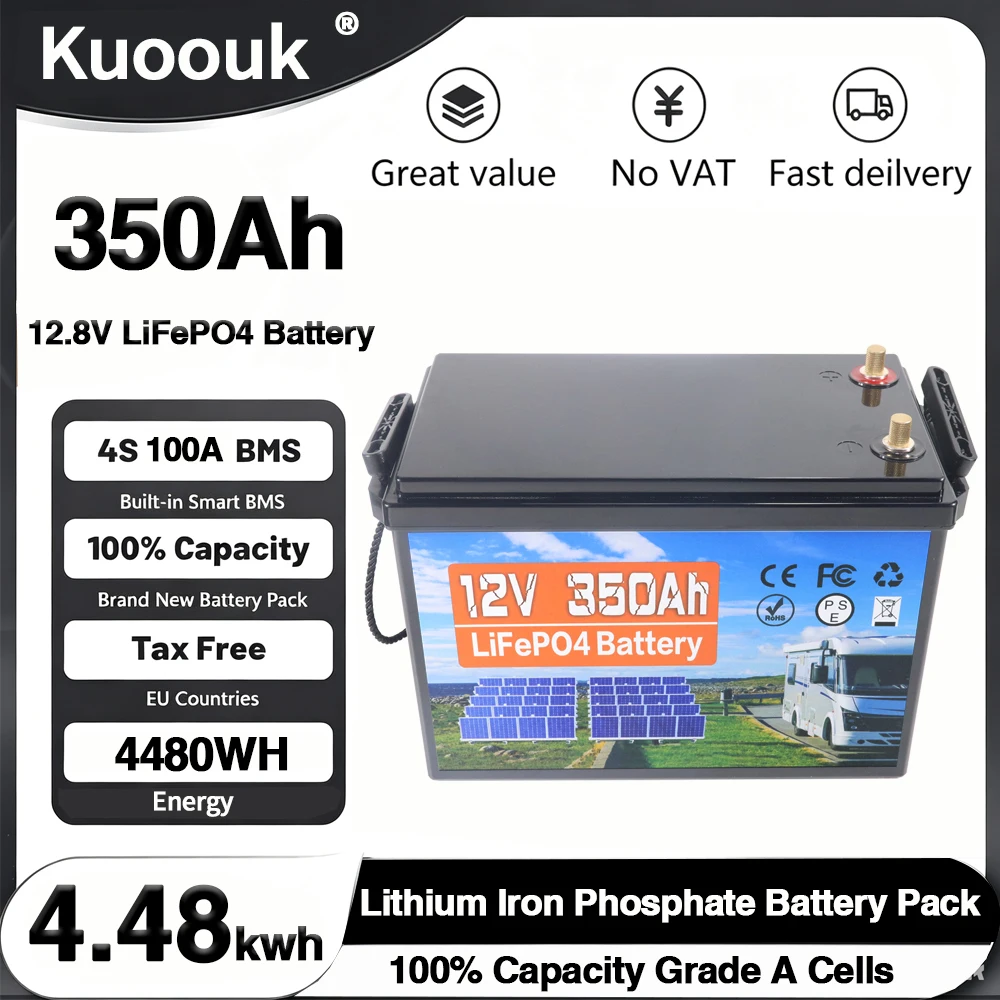 Image of LiFePO4-Batterie 12,8V 350Ah Lithium-Eisenphosphat-Batterie mit eingebautem BMS, 10000+ Zyklen für Wechselrichter, Solaranlagen, Wohnmobile, ohne Steuer.