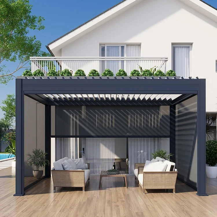 

Premium aluminum pergola with wind and rain sensors, adjustable blinds, custom garden terrace