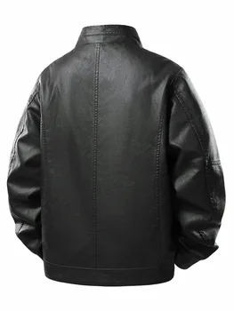 Men's Stand-Up Collar Leather Jacket, Simple and Versatile, Leather Material Gives a High-End Feel, Suitable for Office Commuting, Casual Gatherings with Friends, Autumn and Winter Styling, Street Wear, Leisure and Relaxation, Lightweight Outdoor Wear 2