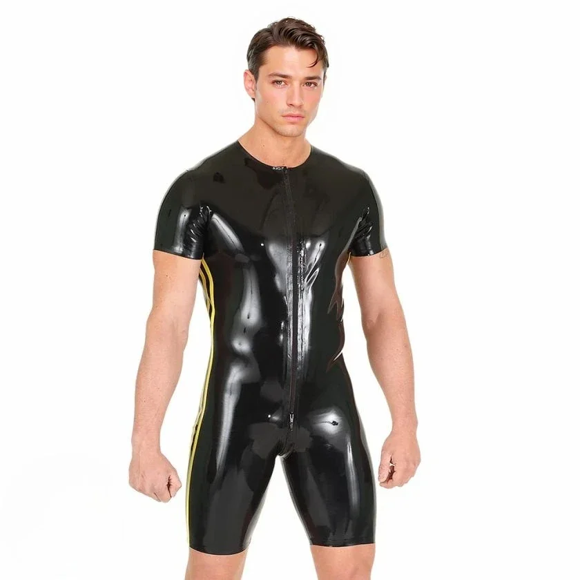 

customized eurocat latex bodysuit men's black latex short sleeved bodysuit featuring yellow with zipper rubber costume clubwear
