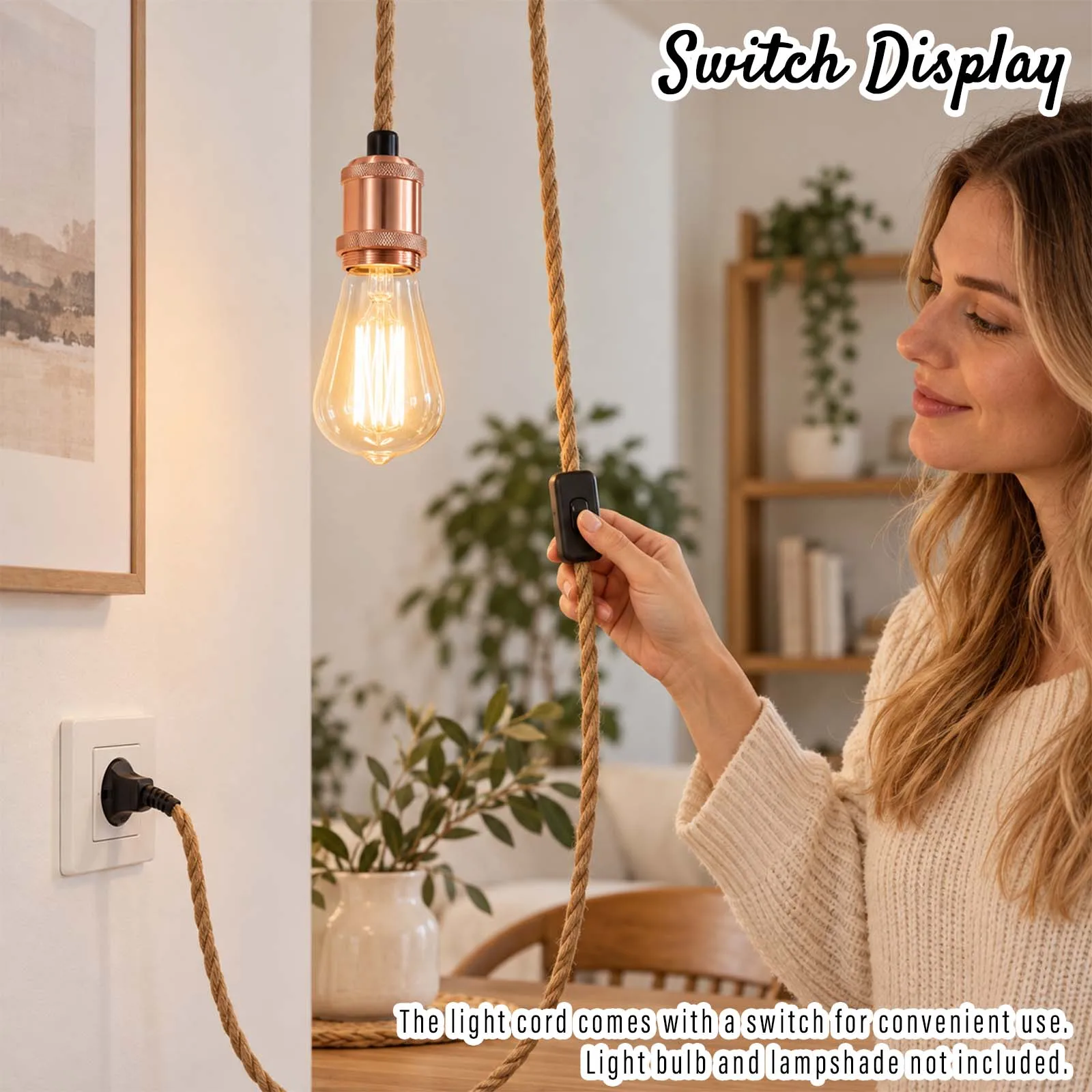 Natural Jute Braided Rope Pendant Cord with Rose Gold Socket and Inline On Off Switch for Dining Area Decor