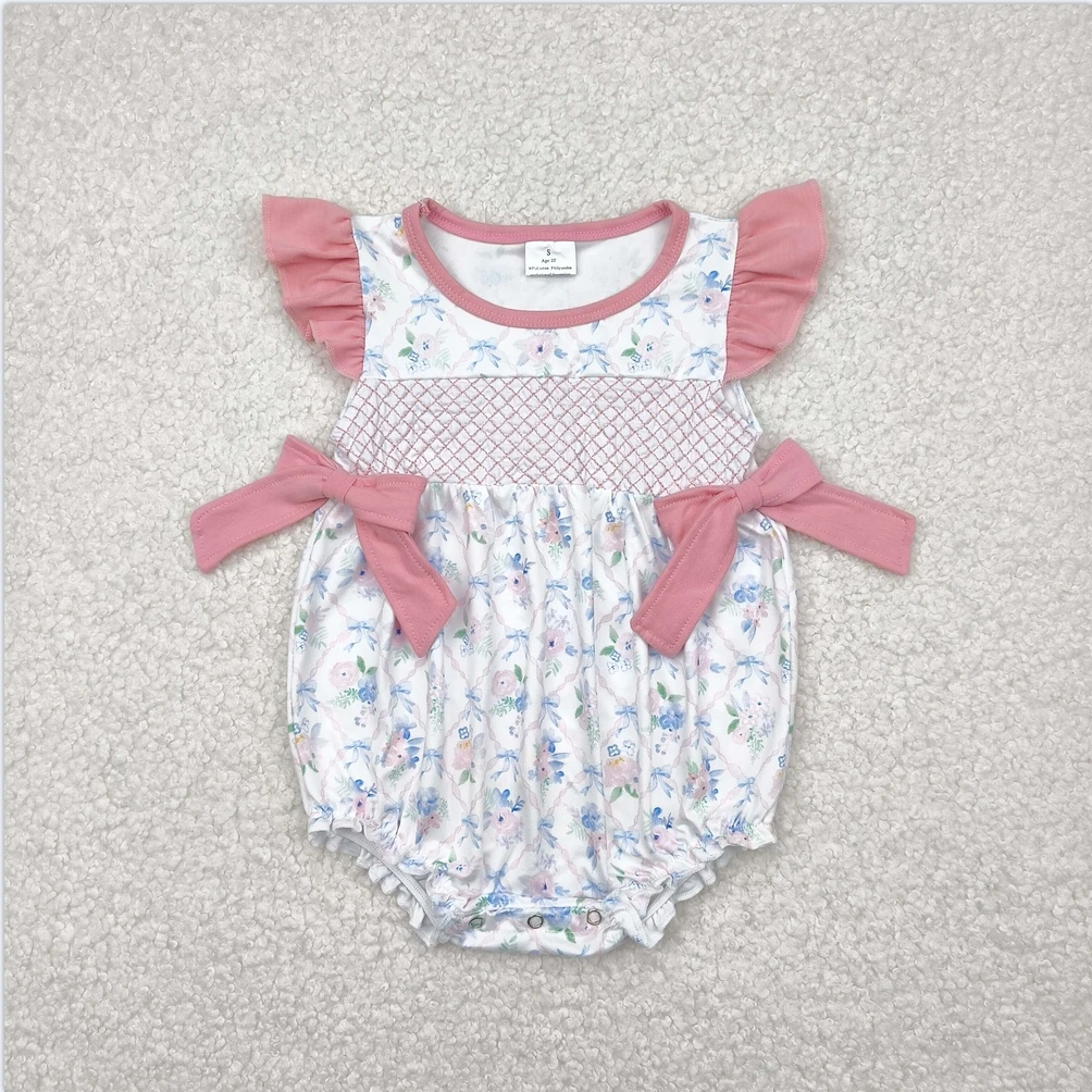 

Infant Baby Girls Boutique Embroidery Baby Infant Girls Pink Floral Bows Toddler Girls Bubble Rompers One-Piece Bodysuits Onesie
