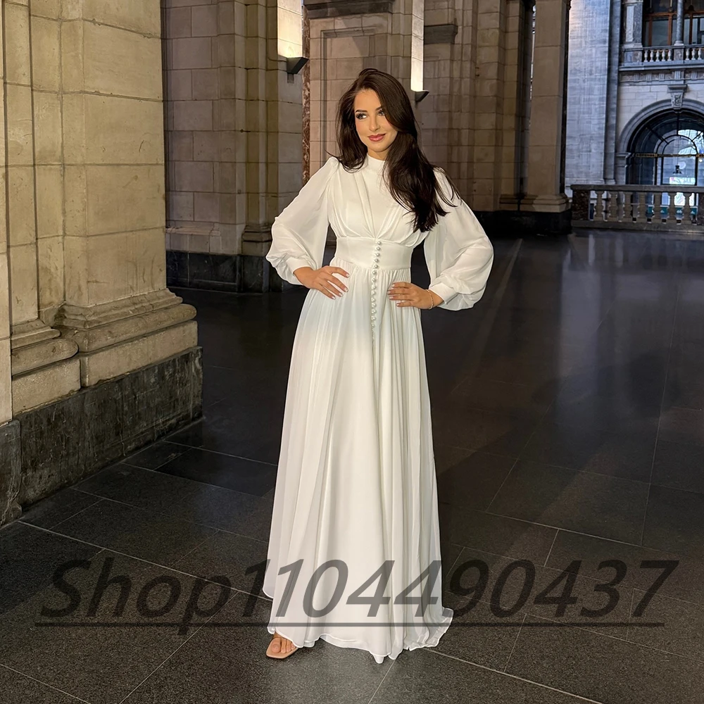 Dostosowane O-neck biała szyfonowa drapowana suknia wieczorowa ozdoba na guziki pełne rękawy ILLUSION linia A długość do podłogi na imprezę bal suknia