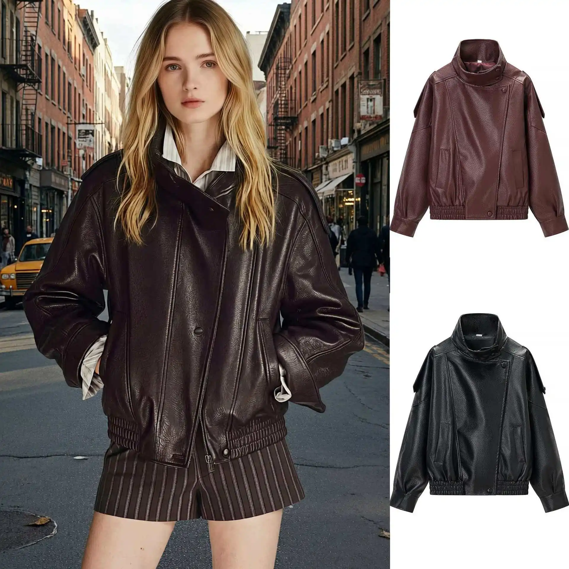 

KIDCRKJ Vintage Women Spring Bomber Coat Stand Collar Zipper Fly Pockets Lady Motorcycle Jacket Highstreet Chic Female Outwear