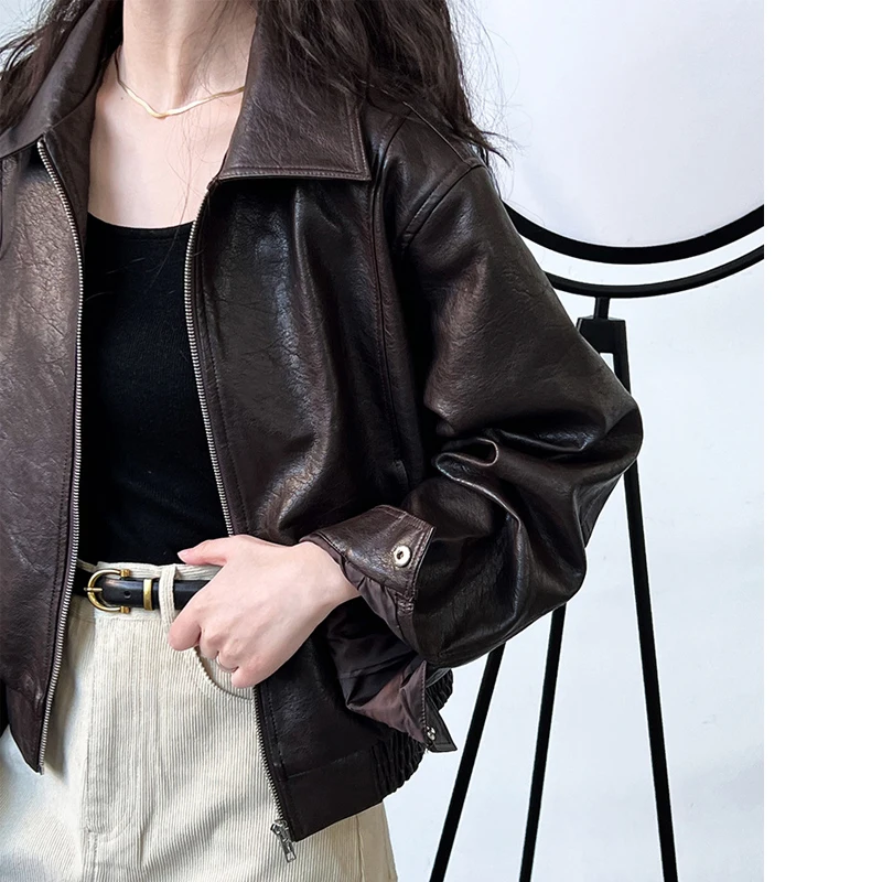 2024 Women Autumn Pu Leather Turn Down Collar Zippers Jacket Coat Fashion Women Classic Jacket Femme Streetwear Tops Clothes