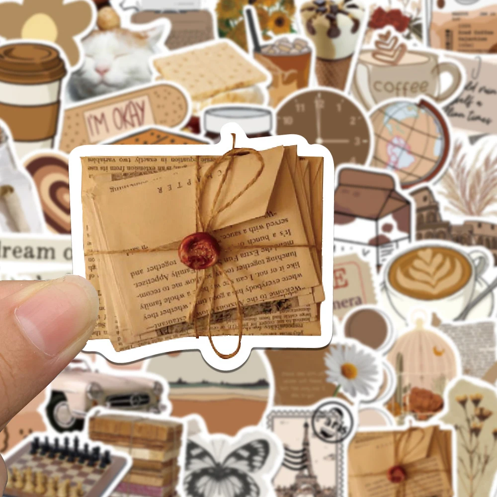 10/30/60pcs Vintage Brown Color Art Aesthetic Stickers Cartoon Retro Style Sticker Scrapbook Guitar Phone Diary Graffiti Decals