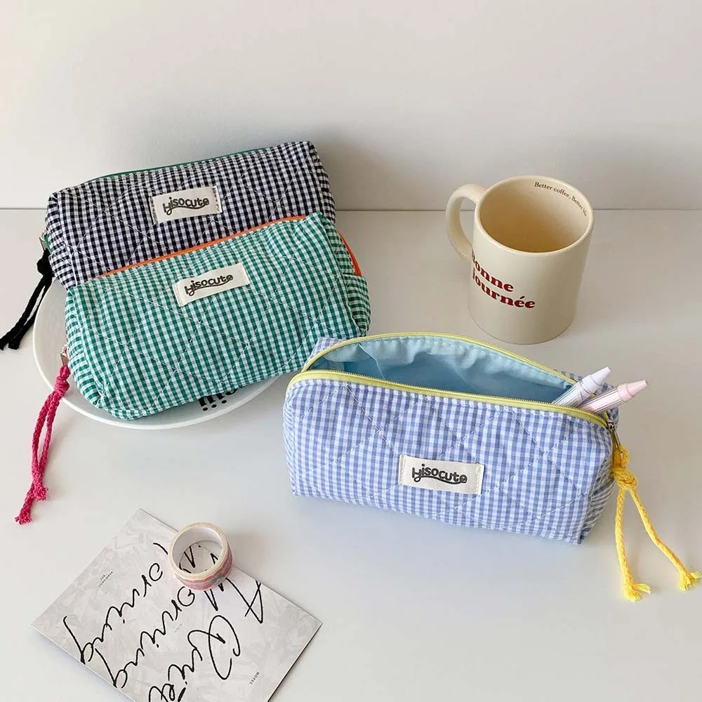 Grid Pattern Stationery Bag Black/Green/Blue/Purple Large Capacity Korean Style Pencil Case Ins Style Desktop Storage