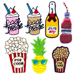 Drink Ice-cream Pineapple Popcorn Chenille Icon Towel Embroidery Applique Patch For Clothing DIY Sew on Patch on the Stickers