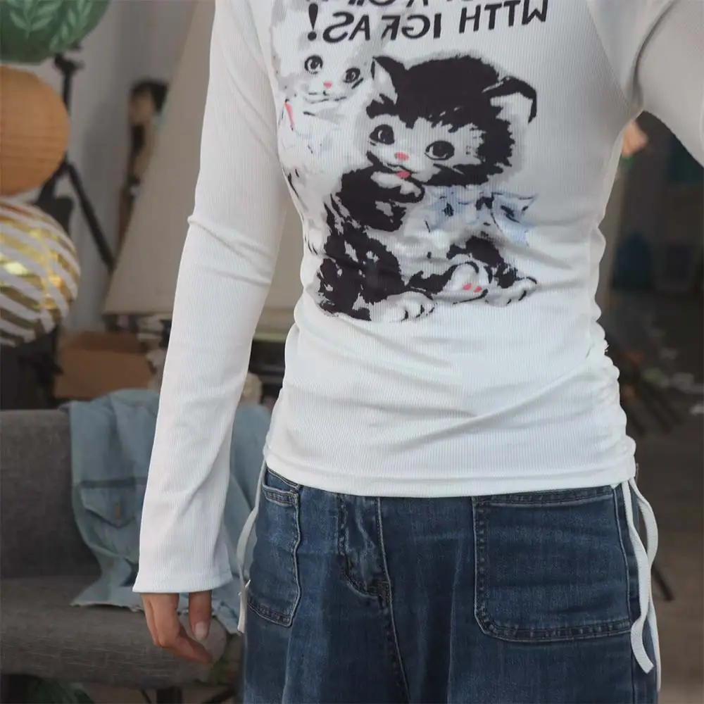 

Cute Cat Off Shoulder T-shirts Drawstring Irregular Long Sleeve Tees Shirt Cartoon Streetwear Pullover Women Retro Spring Autumn