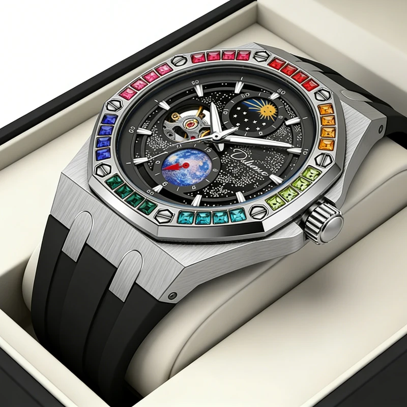 8-color Gemstone Bezel Rotating Earth Double Second Hand WristWatch Men Automatic Mechanical Watch Starry Sky Silicone Watchband