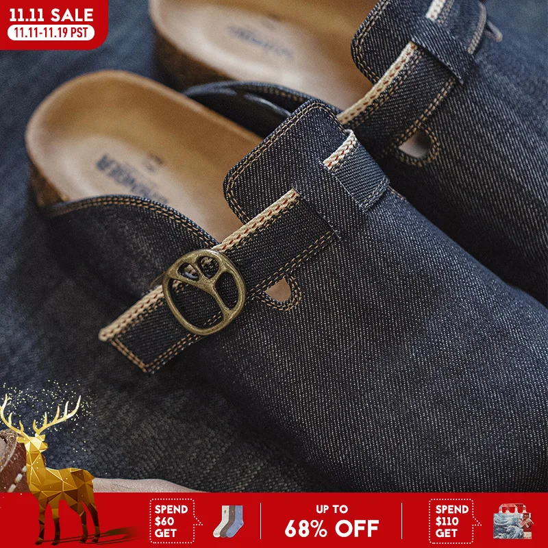Maden Vintage da uomo estivo in denim traspirante, scarpe slip-on in sughero, sandali casual regolabili per scarpe blu da esterno e da casa