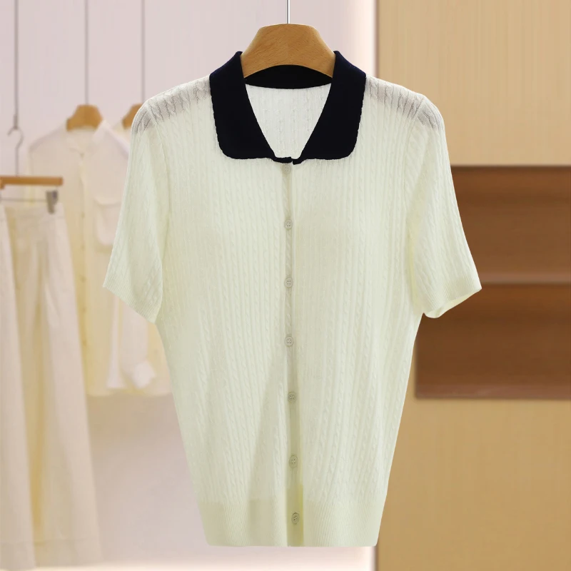 Top de Punto de Manga Corta para Mujer Joven, Cuello Csero, Corte Ajustado, Diseño de Flores Trenzadas, Moderno para Otoño