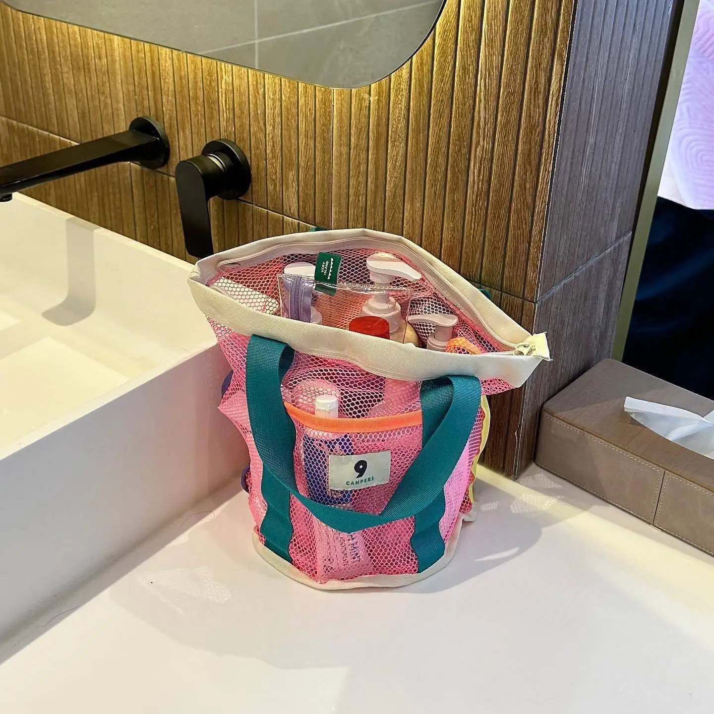 ポータブルビーチバッグ水泳ネット収納バッグポリエステル素材ファミリー収納ツールアウトドア活動用ハンドヘルドグリッドバッグ
