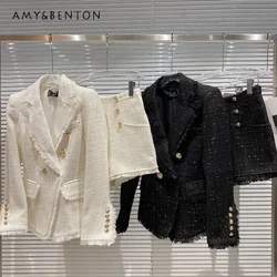 2024 Autumn New British Tweed Metal Buckle Lapel Jacket + Fringed Shorts Two-piece Set Women Temperament Commuter Style Outfits