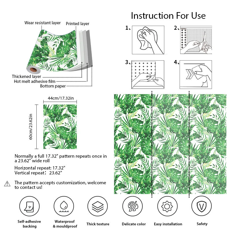 Fresh Green Leaf Removable Wallpaper Self-adhesive Waterproof PVC Leaves Wall Decor Retro Peel And Stick Living Room Decor