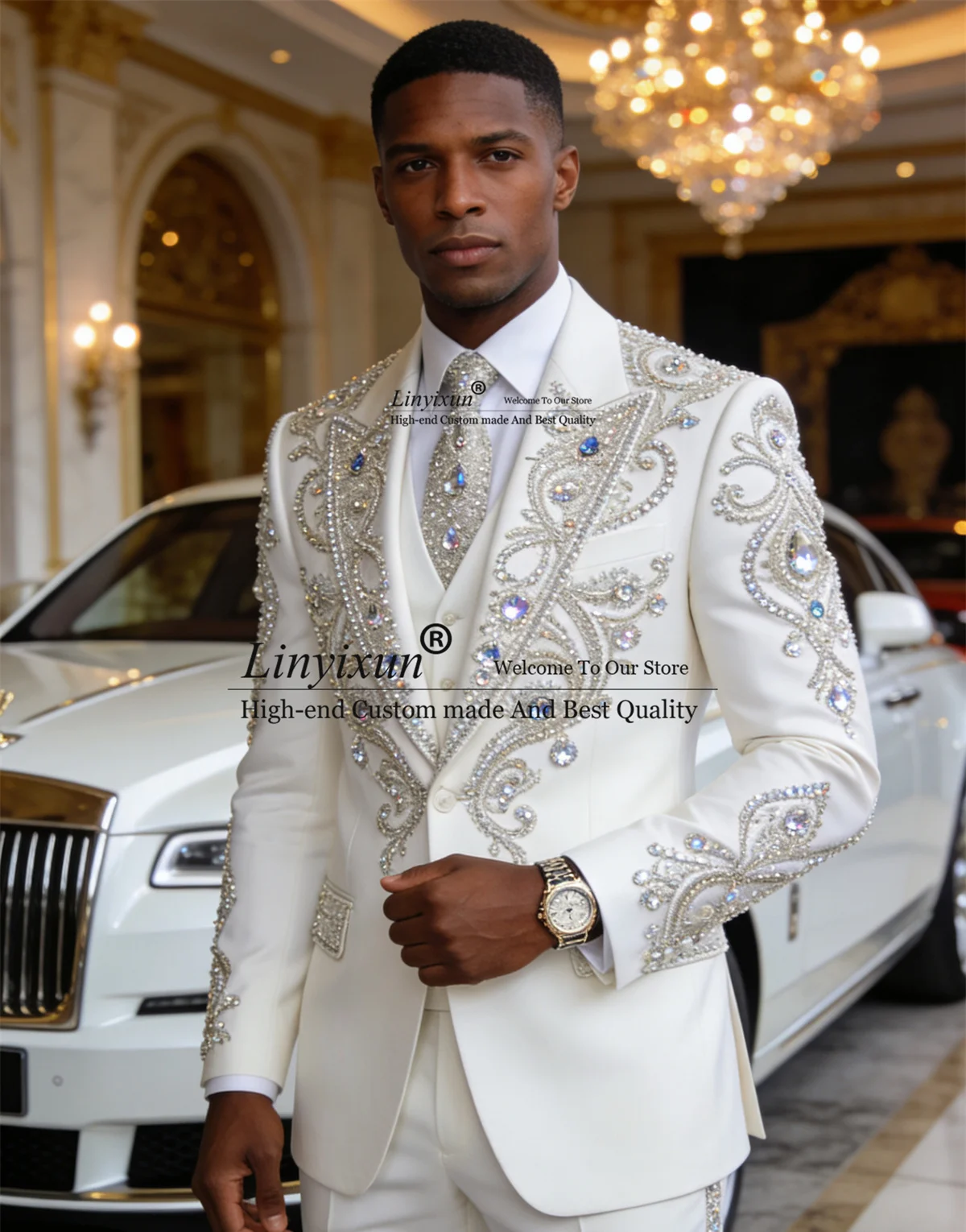 

Sparkly Embroidered Diamond Tuxedos Men Suits 3 Pieces Sets Wedding Groom Outfits Customized Male Slim Party Blazers Ropa Hombre