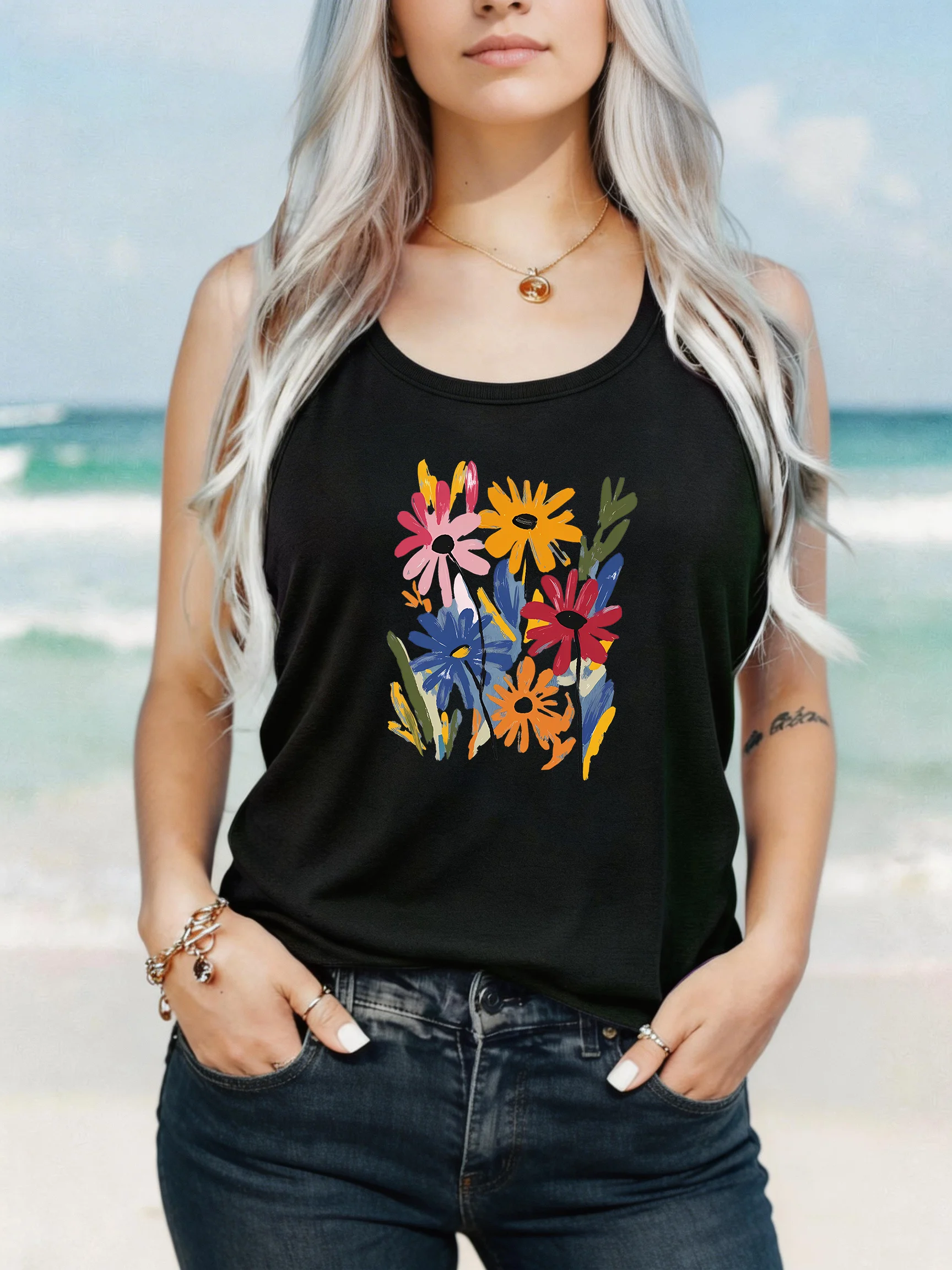 

Loose Fit Printed Pocket T-Shirt for Women with Ribbed Collar round Neck 1-8XL plus Size Comfortable Casual Vest