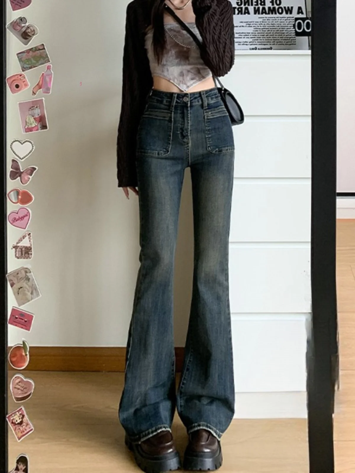 

High Waist Flared Jeans Women's Bootcut Narrow Straight Leg Pants Small Size Early Autumn Faionable Cotton Polyester Blend