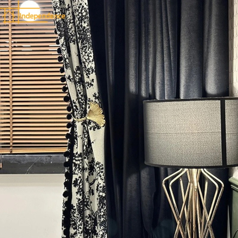 Cashmere Cloth Black Jacquard Stitching Thickened Blackout Curtains for Living Room Bedroom Balcony French Window Customized