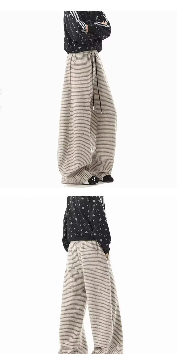 Amerikaanse luie stijl horizontale streep hangende wijde pijpen broek 2026 herfst en winter hoge taille afslankende dames abrikoos recht