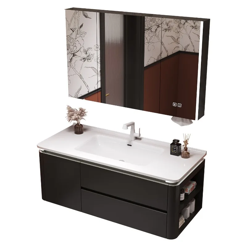 

Black bathroom cabinet combination ceramic integrated rounded corner basin side storage toilet washstand